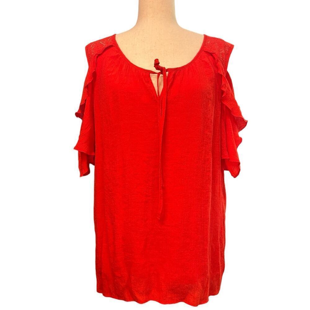 Alyx Cold Shoulder Crepe  Blouse, Red, size 0X, Layered, Ruffled, Chemical Lace